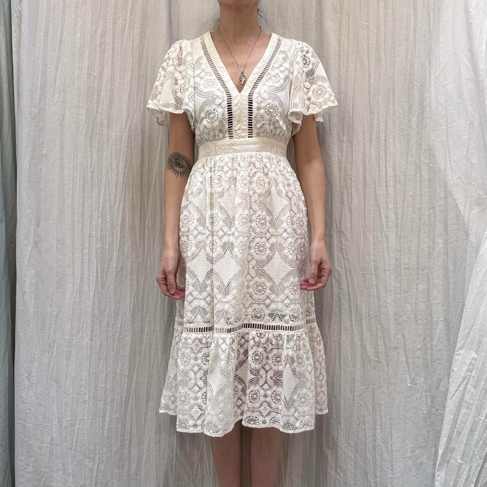 White Lace Midi Dress with‎ Bell Sleeves by Vici Cotton Angel Coquette Dress - Picture 3 of 8